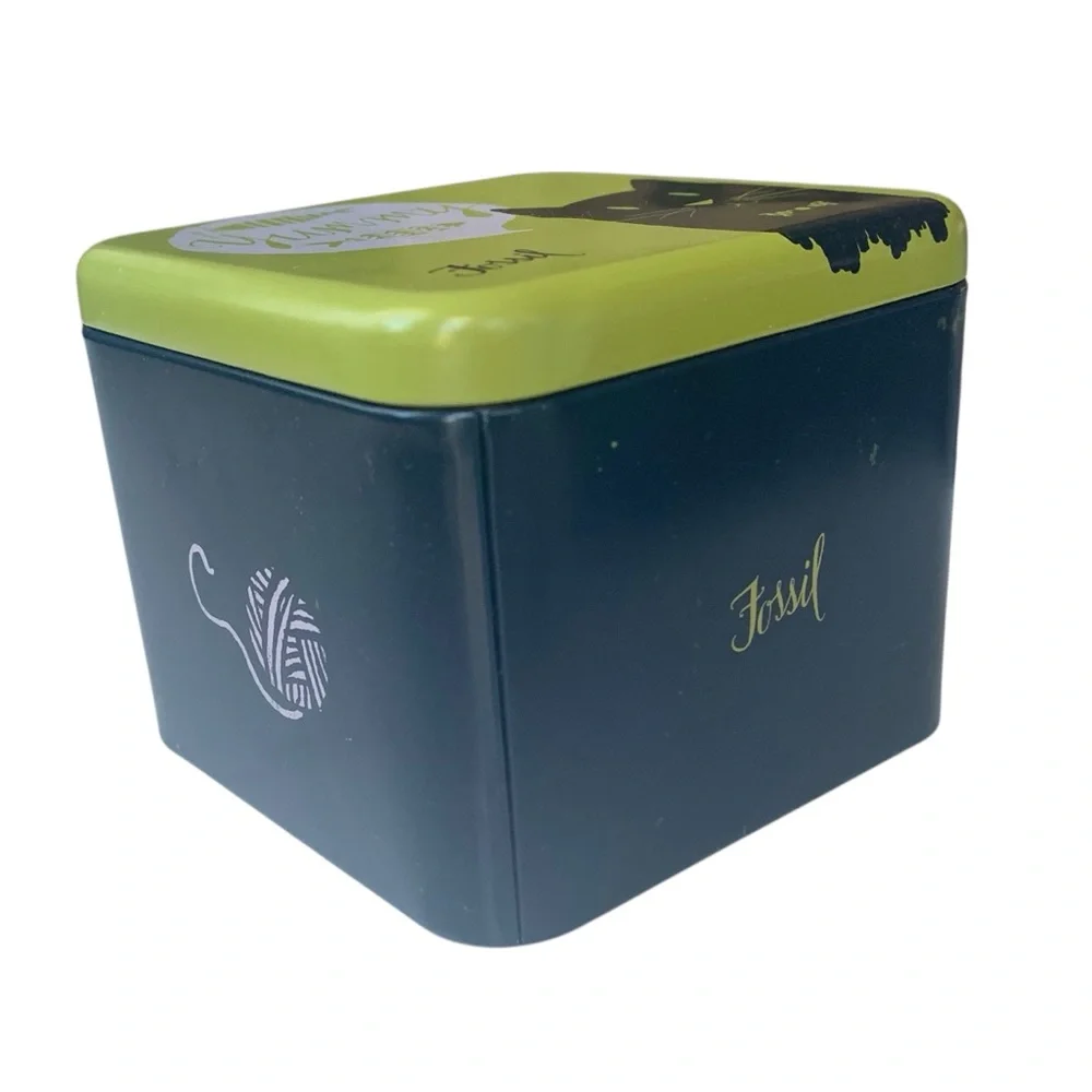 FOSSIL Yummy Black Cat Blue & Green Metal Watch Box Watches Jewelry Gift Box